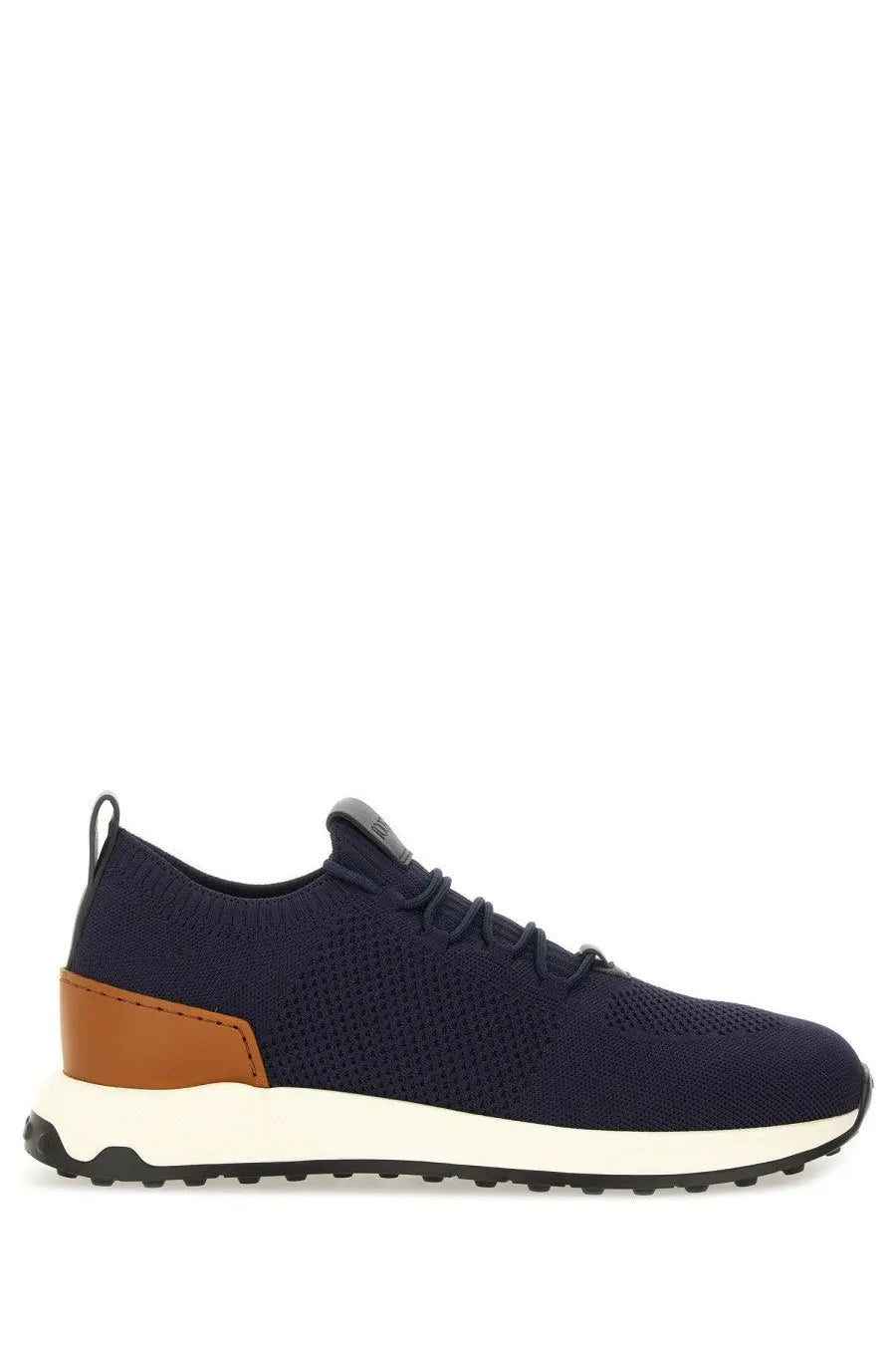 Tod’s men’s sneaker socks blue navy knit sneaker with tan leather heel accent and white rubber sole back view