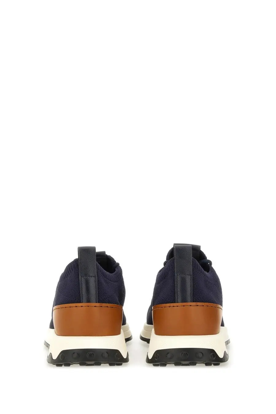 Tod’s men’s sneaker socks in navy blue and tan knit with white midsole and black outsole for casual wear