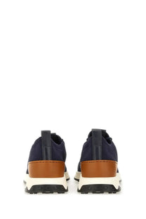 Tod’s men’s sneaker socks in navy blue and tan knit with white midsole and black outsole for casual wear