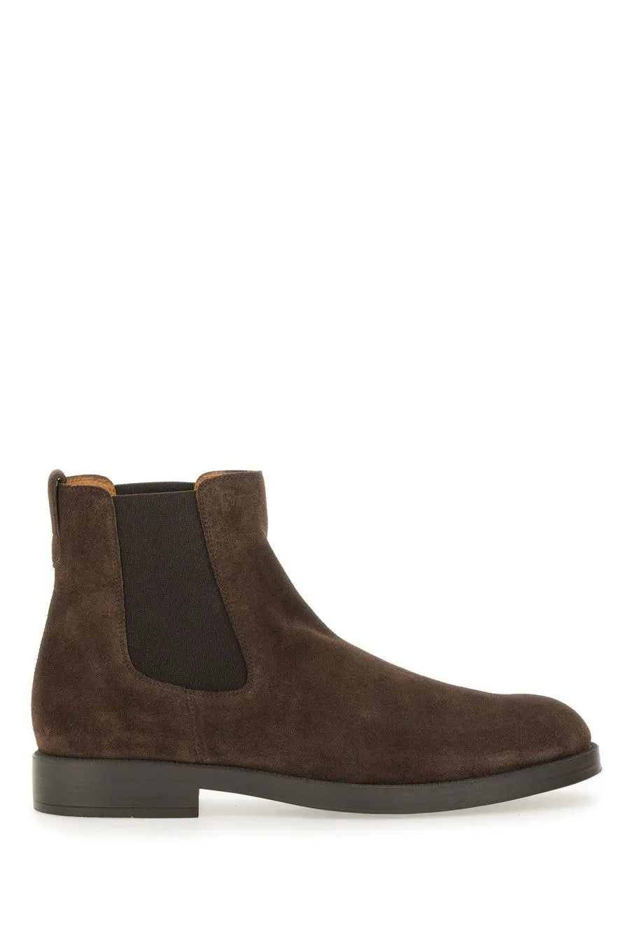 Tod’s men’s brown suede ankle boot with black elastic side panels and a low block heel