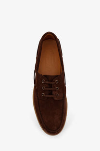 Tod’s men’s suede loafers brown with brown suede, tan leather lining, and matching laces boat shoe style