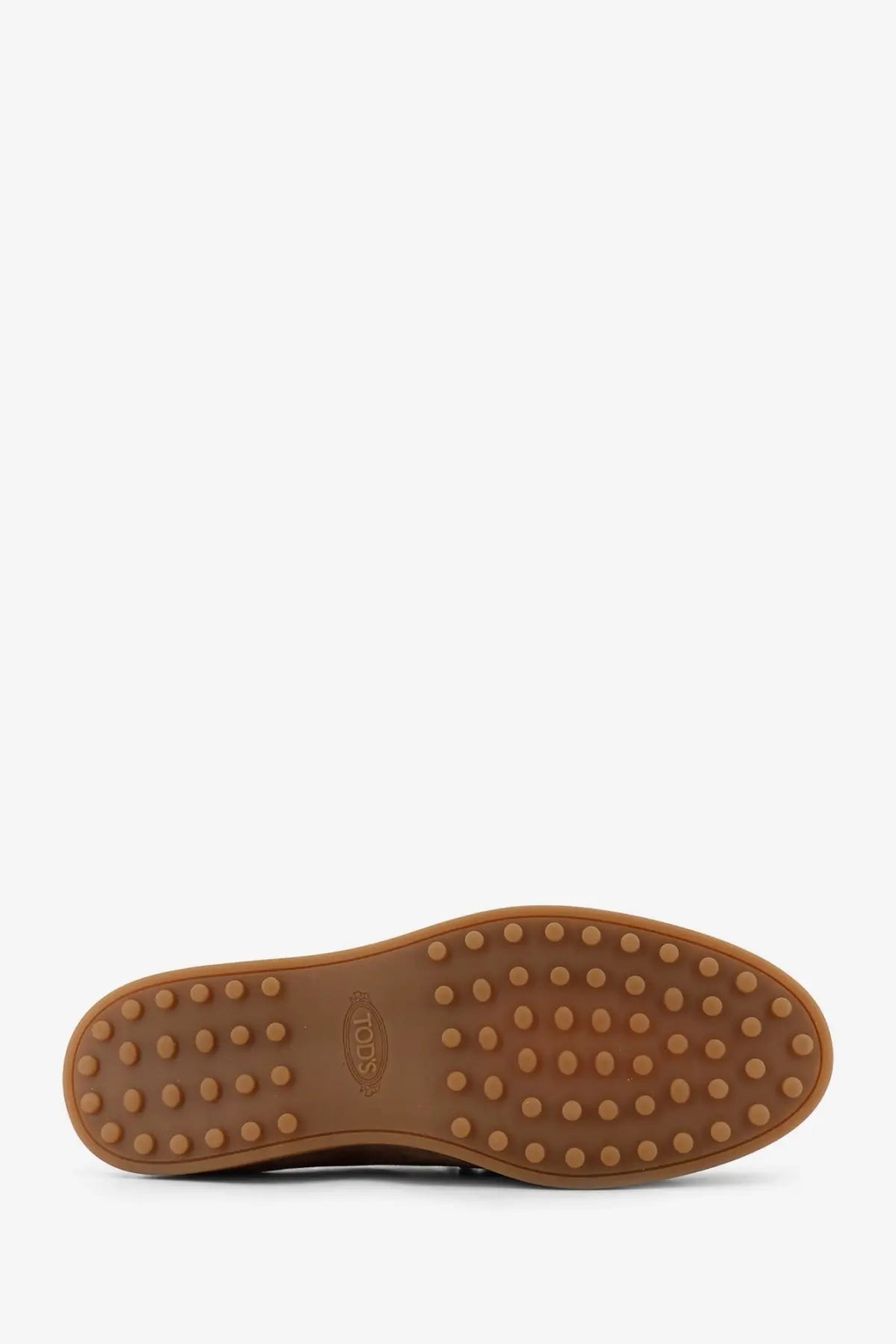 Tod’s men’s suede loafers brown with a brown rubber sole featuring raised circular studs and Tod’s logo embossed center