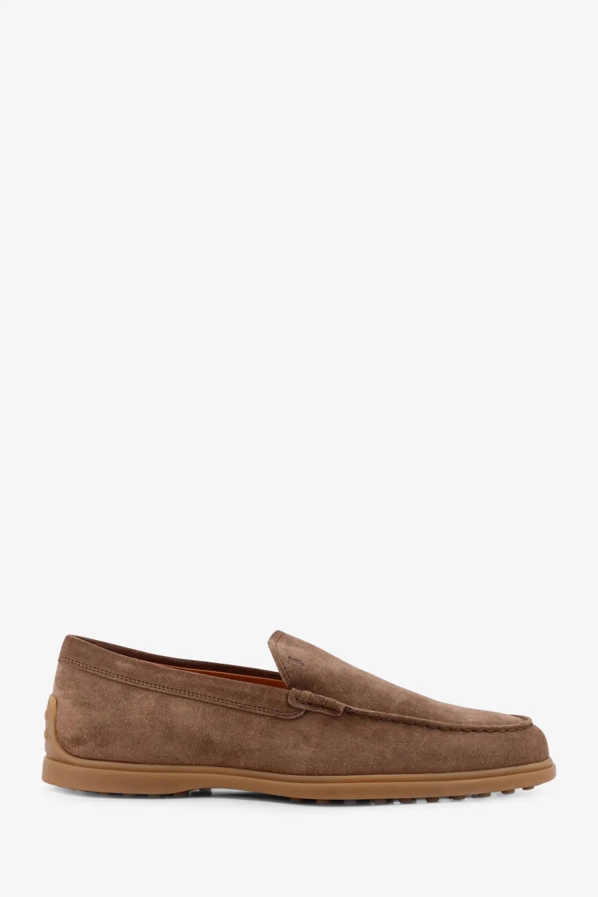 Tod’s men’s suede loafers in brown with a subtle pattern and tan rubber sole perfect for casual wear