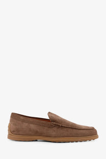 Tod’s men’s suede loafers in brown with a subtle pattern and tan rubber sole perfect for casual wear