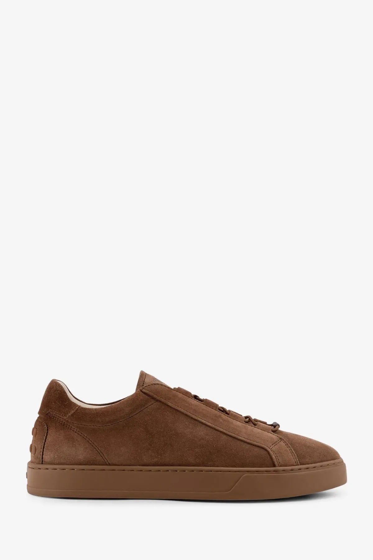 Tod’s men’s brown suede low-top sneaker with gum rubber sole and subtle stitching details