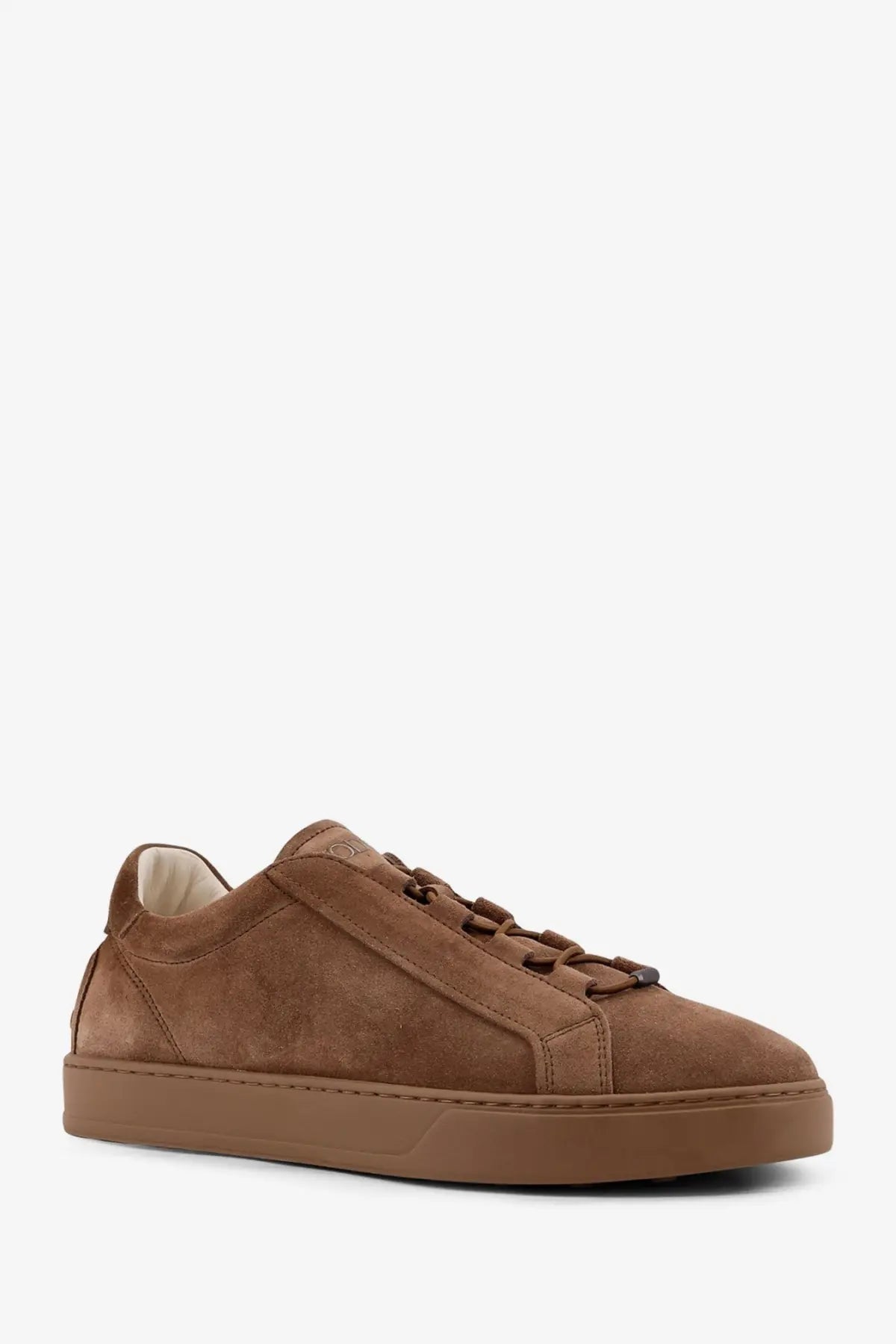 Tod’s men’s suede sneakers in brown with low-top design matching brown laces and tan rubber sole