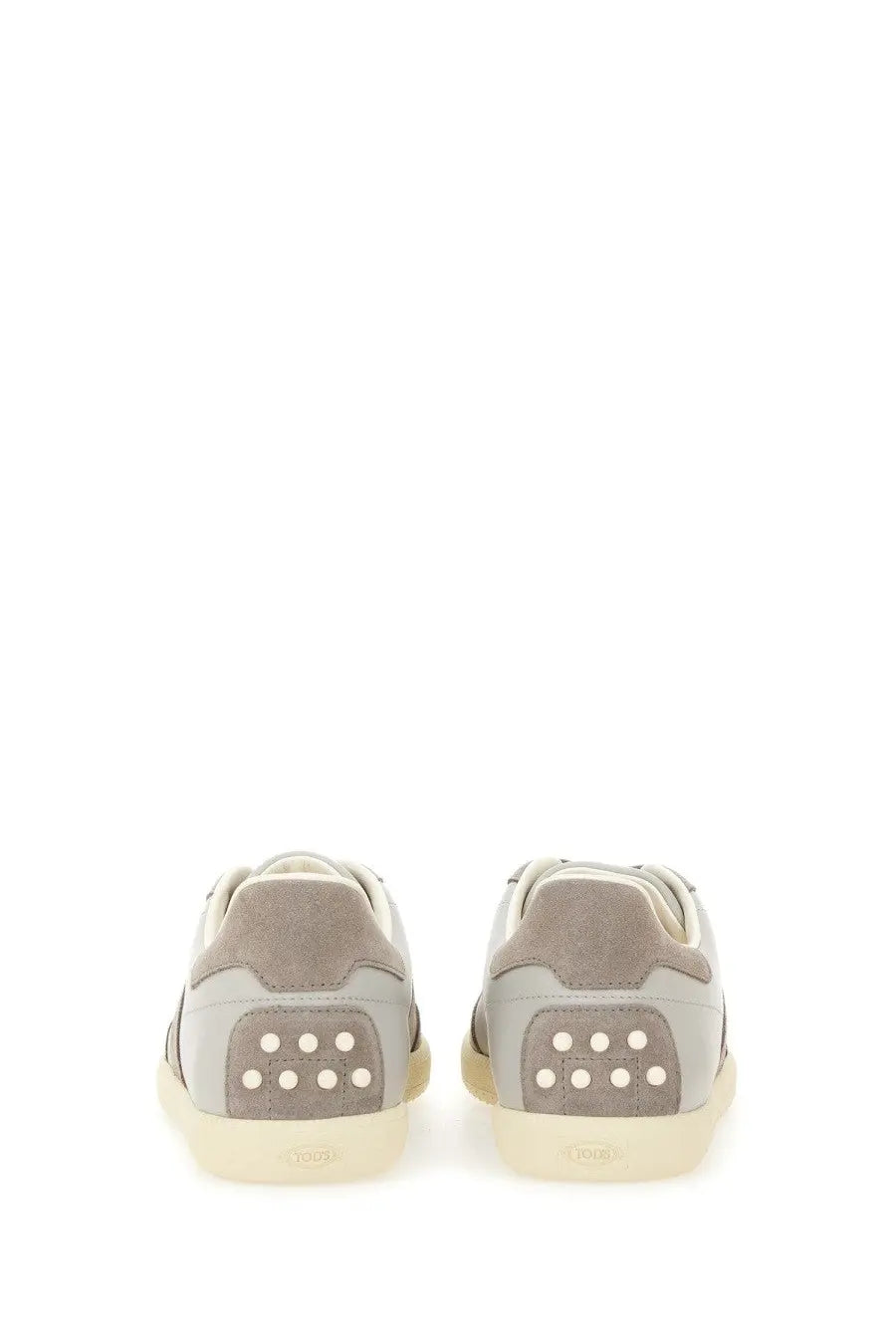 Tod’s men’s tabs sneaker beige low-top gray suede and leather with cream rubber sole and white stud heel detailing back view
