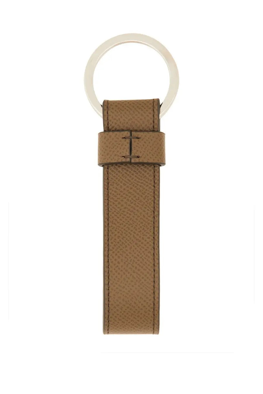 Tods men’s timeless keychain in tan leather with textured surface and silver toned metal ring for keys