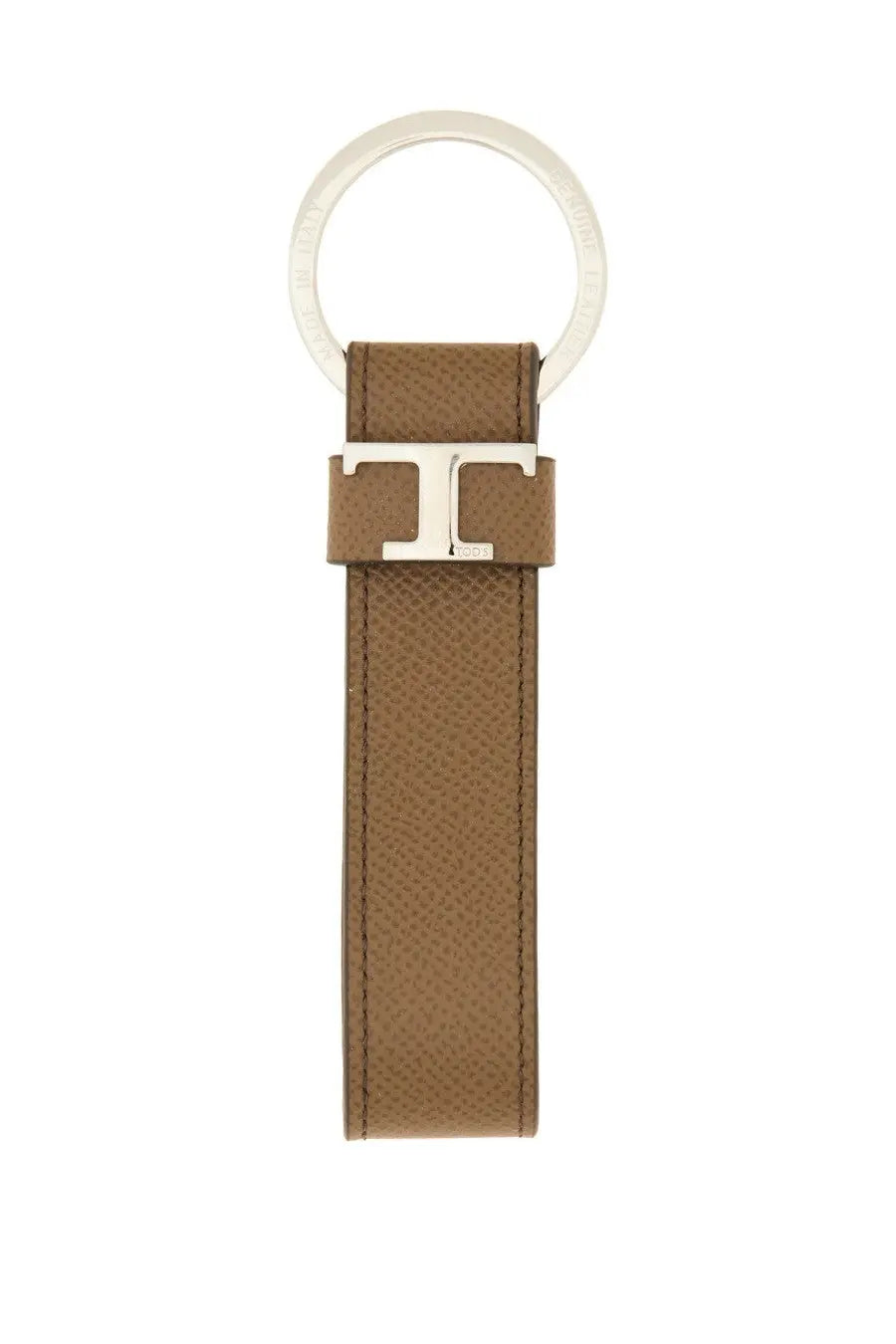 Tod’s men’s timeless keychain brown textured leather with silver toned t logo clasp and circular metal ring