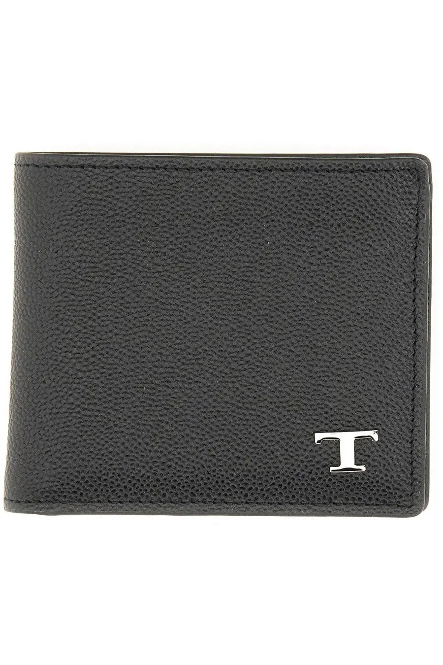 Tod’s men’s timeless wallet in black textured leather with a silver t logo on the lower right corner