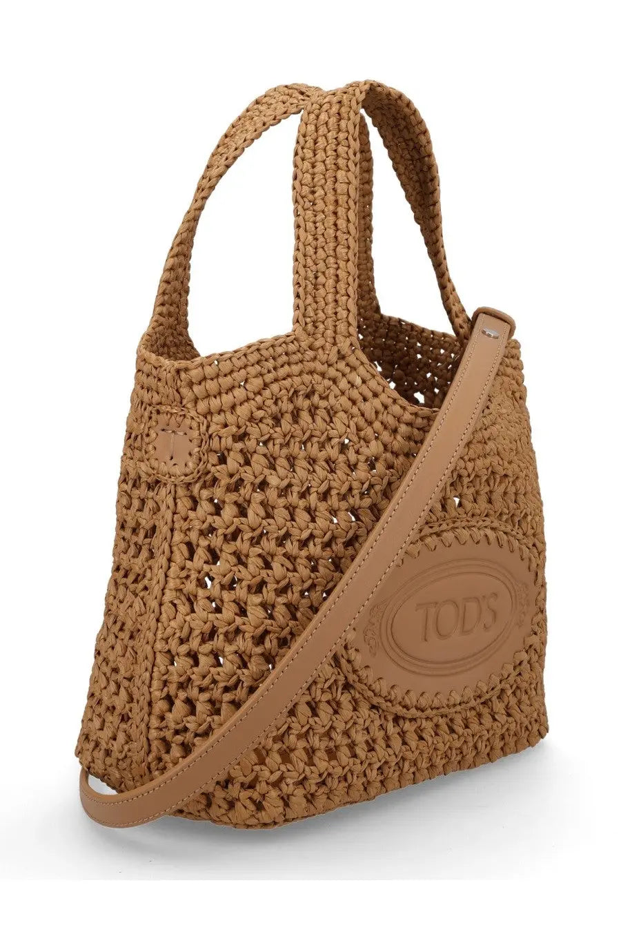 Tan crocheted tote bag with leather shoulder strap and embossed Tods logo patch in Tod’s Borsa Shopping Mini Con Beige