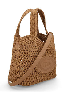 Tan crocheted tote bag with leather shoulder strap and embossed Tods logo patch in Tod’s Borsa Shopping Mini Con Beige