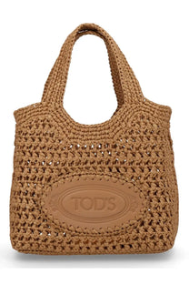 Tod’s women’s borsa shopping mini con beige tan woven tote bag with braided texture and embossed Tod’s logo plaque