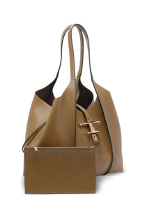 Tod’s women’s borsa tote timeless brown tan leather tote bag with gold-tone t-shaped clasp and matching wristlet