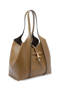Tods womens borsa tote timeless brown tan leather bag with gold tone t clasp and black trim