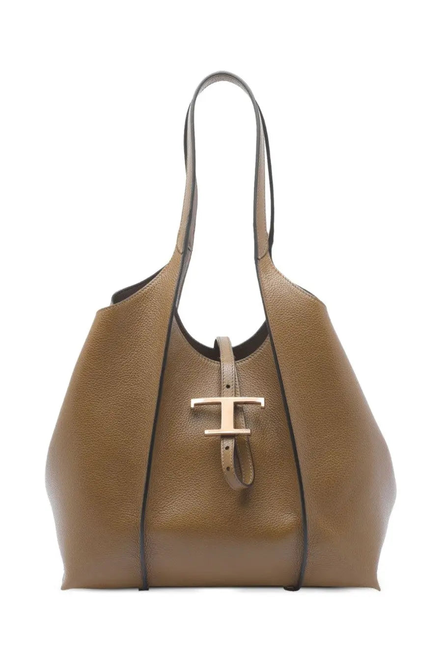 Tod’s women’s borsa tote in tan leather with gold-tone t logo clasp and black trim