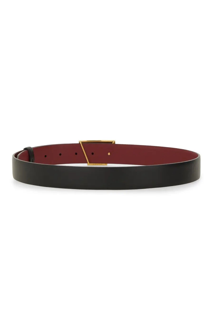 Tod’s women’s cintura reversibile black leather belt with burgundy interior and gold-tone triangular buckle
