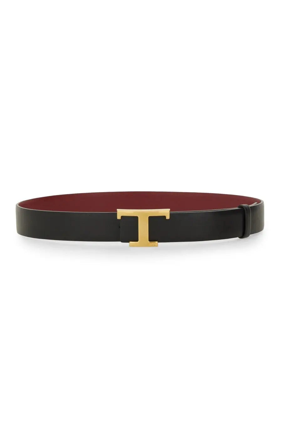 Tods womens cintura reversibile black leather belt with gold-tone t-shaped buckle and burgundy interior lining