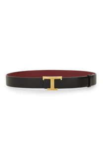 Tods womens cintura reversibile black leather belt with gold-tone t-shaped buckle and burgundy interior lining