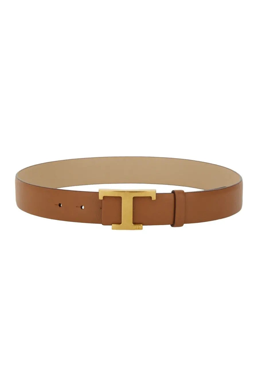 Tod’s women’s cintura reversibile brown tan leather belt with gold-tone t-shaped buckle front view