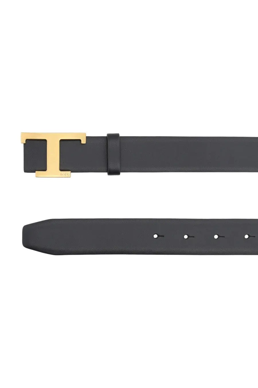 Tod’s women’s cintura timeless reversible black leather belt with gold-tone t buckle shown from the front