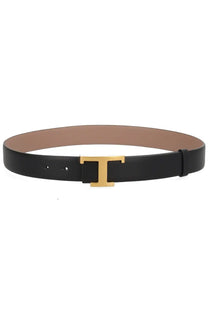 Tod’s women’s cinturta timeless reversibile black leather belt with gold-tone t-shaped buckle front view