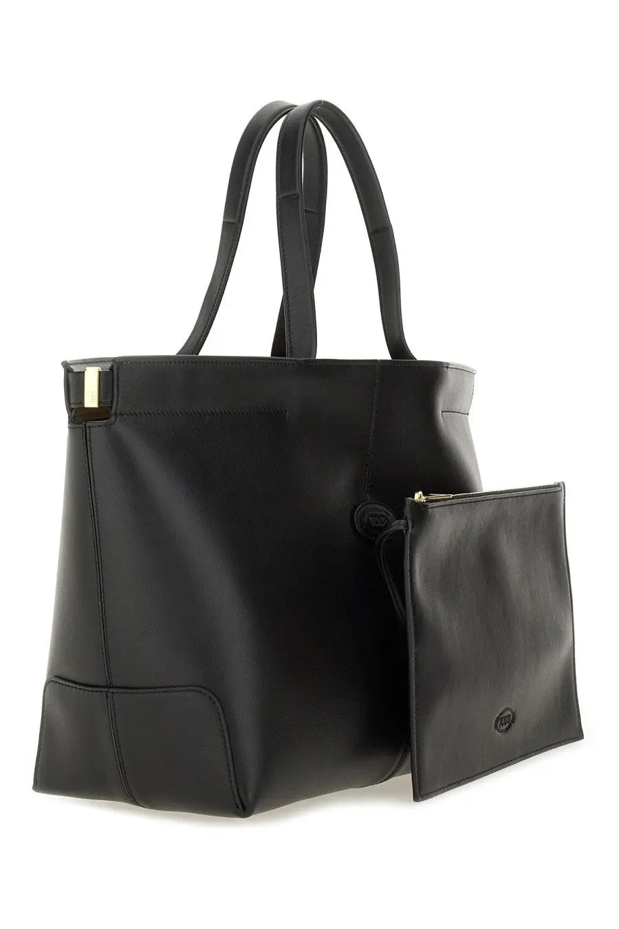 Tod’s women’s di bag folio medium small black leather tote bag with gold-tone hardware and matching black pouch