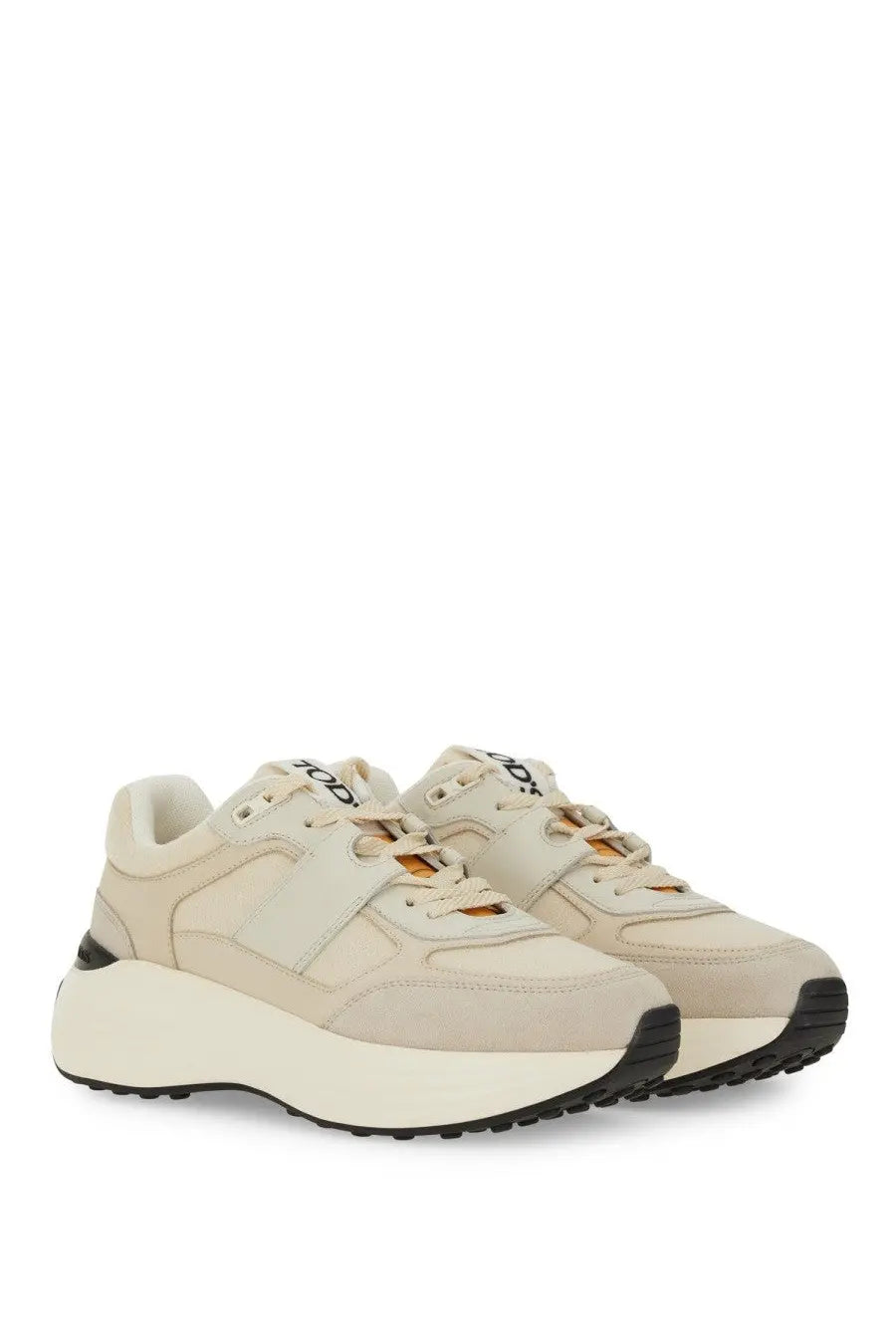 Tod’s women’s fabric and suede cream platform sneakers with chunky sole and black accents in beige