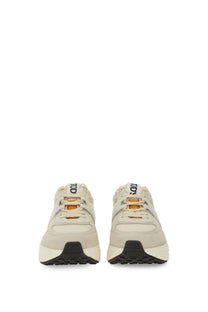 Tod’s women’s fabric and suede sneaker beige with cream color black rubber soles and orange lace accents
