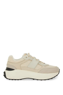 Tod’s women’s beige fabric and suede sneaker with platform thick white sole and black rubber outsole