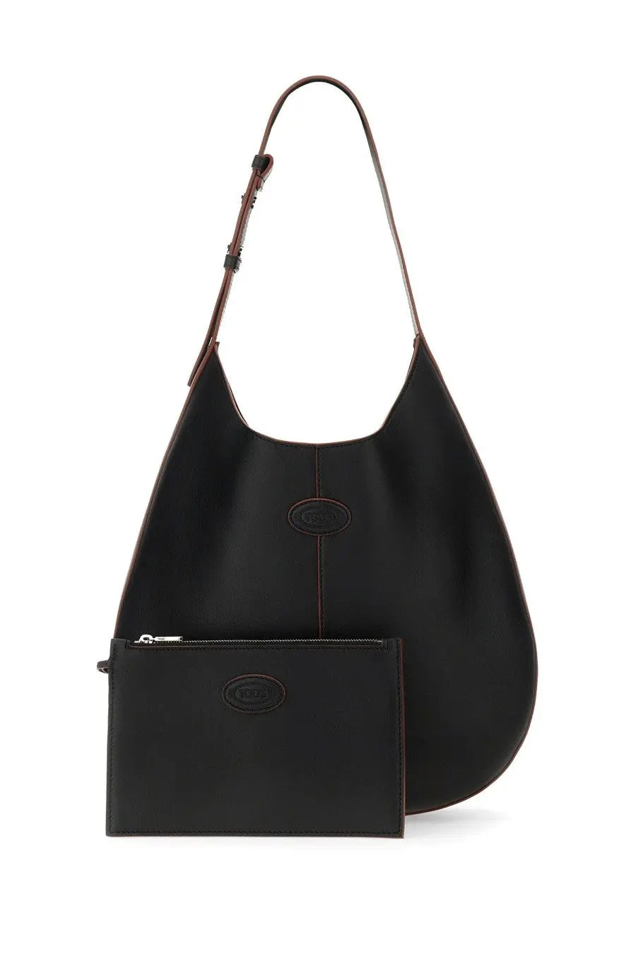 Tods women’s black leather hobo bag with contrasting brown stitching and matching small zippered pouch