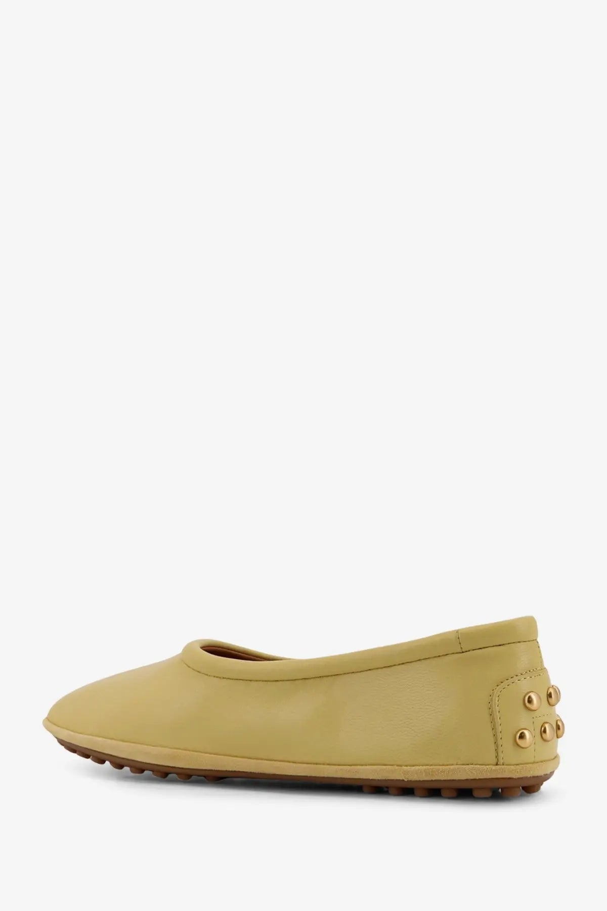 Tod’s women’s leather ballerina flat shoe in olive green with gold-tone stud detailing on the heel back side