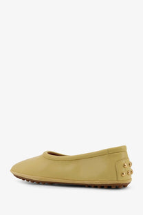 Tod’s women’s leather ballerina flat shoe in olive green with gold-tone stud detailing on the heel back side