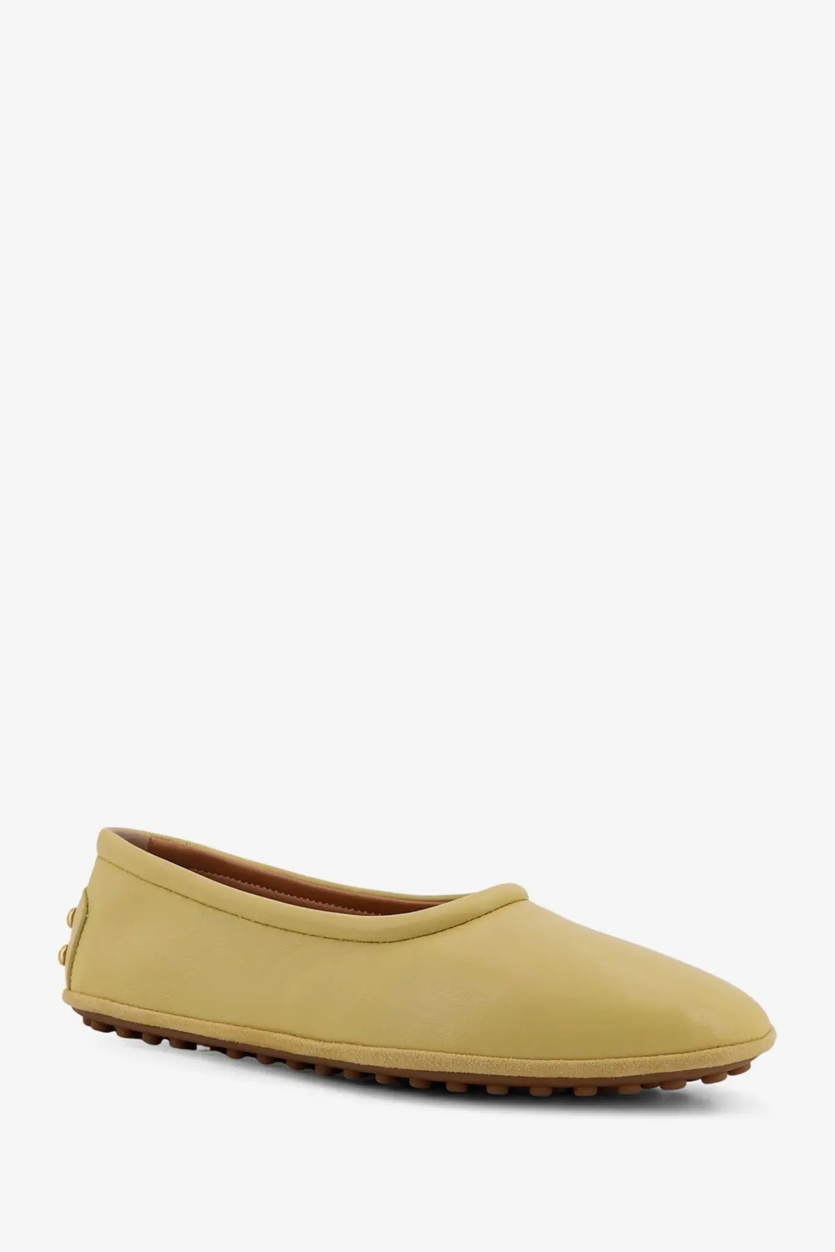 Tod’s women’s leather ballerina yellow flat shoe in sleek olive green with textured rubber sole and subtle stitching details