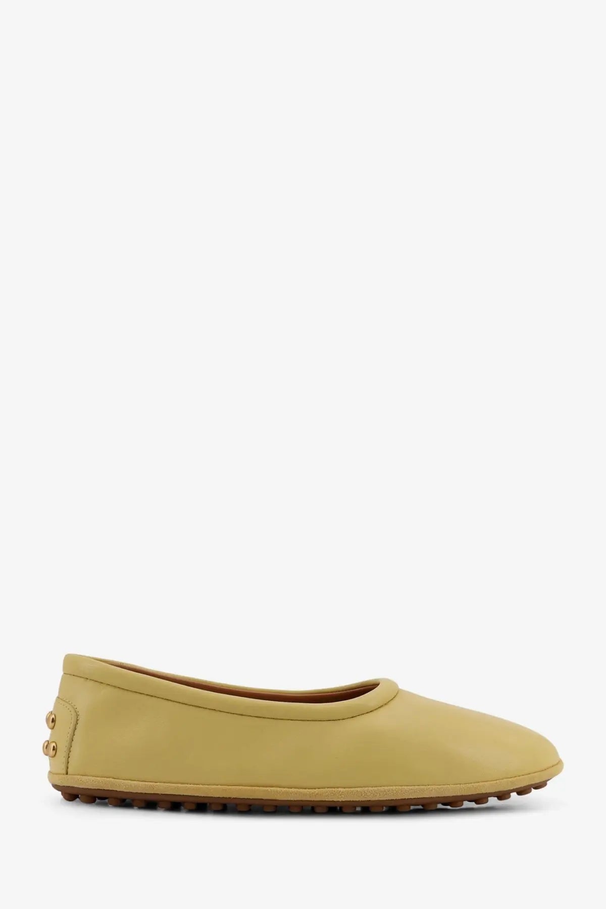 Tod’s women’s leather ballerina flat shoe in olive green with gold-tone studs and textured sole shown from the back