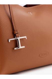 Tod’s women’s brown leather crossbody bag with tan leather tote style and silver-tone t-shaped metal charm