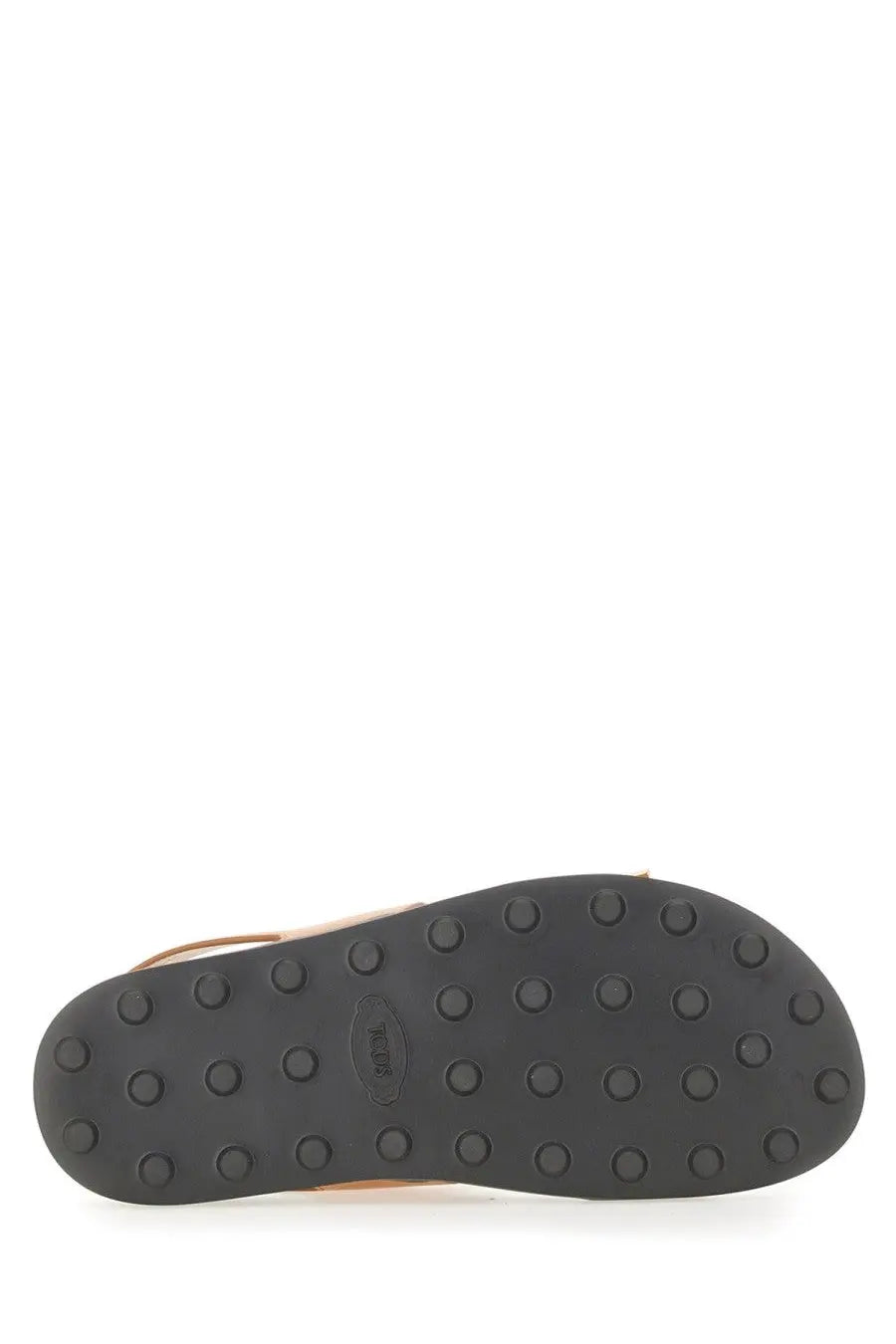 Tod’s women’s brown leather sandal showing black rubber sole with circular tread pattern and small oval logo in center