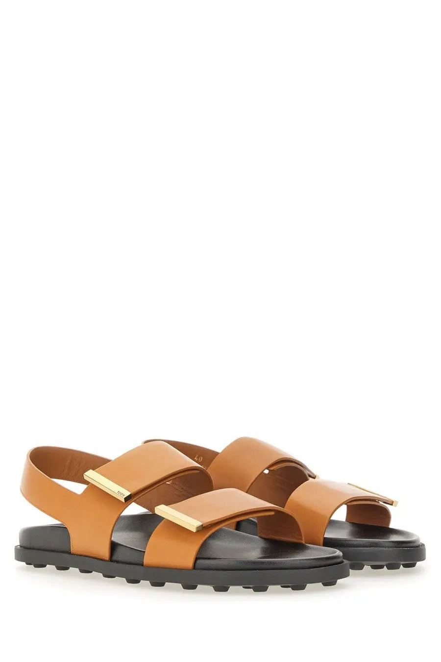 Tod’s women’s leather sandal brown with tan leather straps gold-tone rectangular buckles and black rubber sole