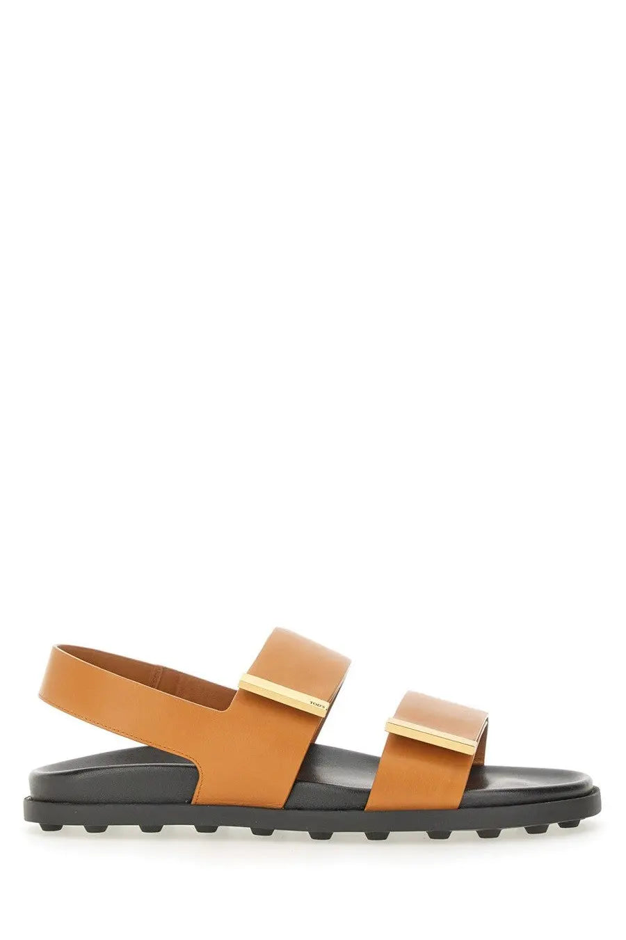 Tod’s women’s leather sandal brown with tan leather straps gold-tone rectangular buckles and black rubber sole