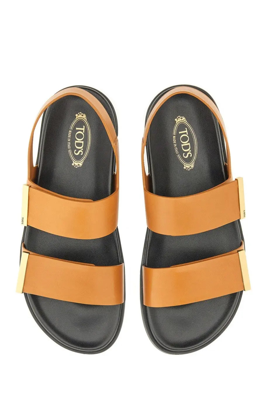 Tod’s women’s leather sandal brown with tan leather straps gold-tone buckles and black rubber soles with logo insole