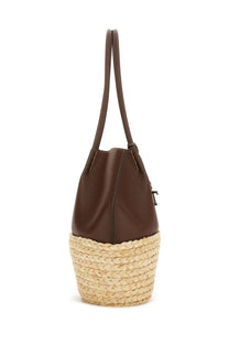 Tods women’s medium shopping bag in brown leather with woven straw base and matching brown handles