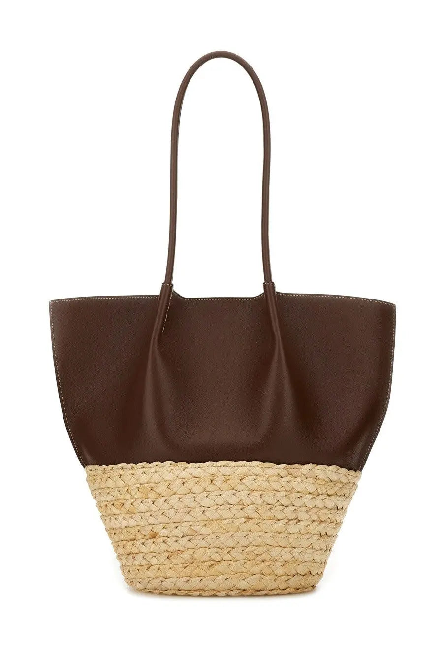 Tod’s women’s medium shopping bag in brown leather and woven straw with curved handles for stylish carrying
