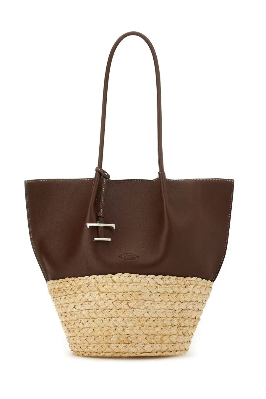 Tod’s women’s medium shopping bag in brown leather and woven straw with a silver-tone metal clasp