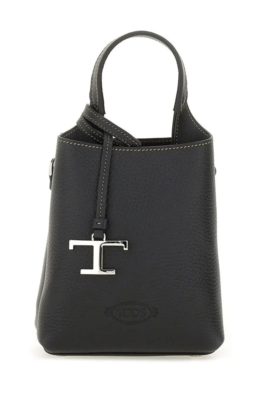 Tod’s women’s black leather micro bucket bag with silver tone t logo charm and contrasting white stitching