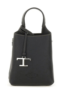 Tod’s women’s black leather micro bucket bag with silver tone t logo charm and contrasting white stitching