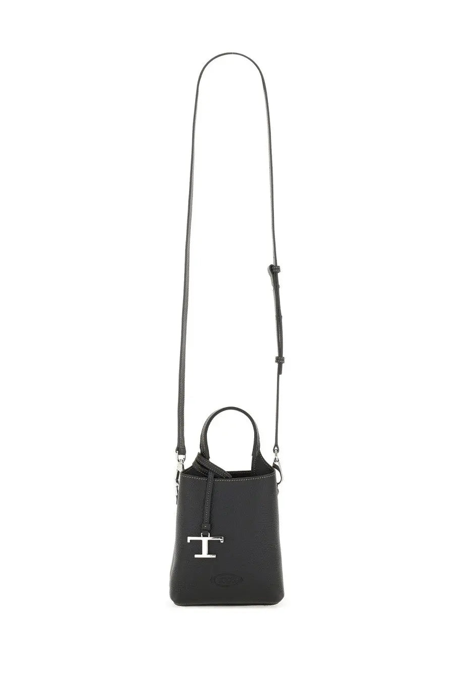 Tod’s women’s micro black leather mini bucket bag with silver-tone t logo clasp and adjustable shoulder strap