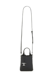 Tod’s women’s micro black leather mini bucket bag with silver-tone t logo clasp and adjustable shoulder strap