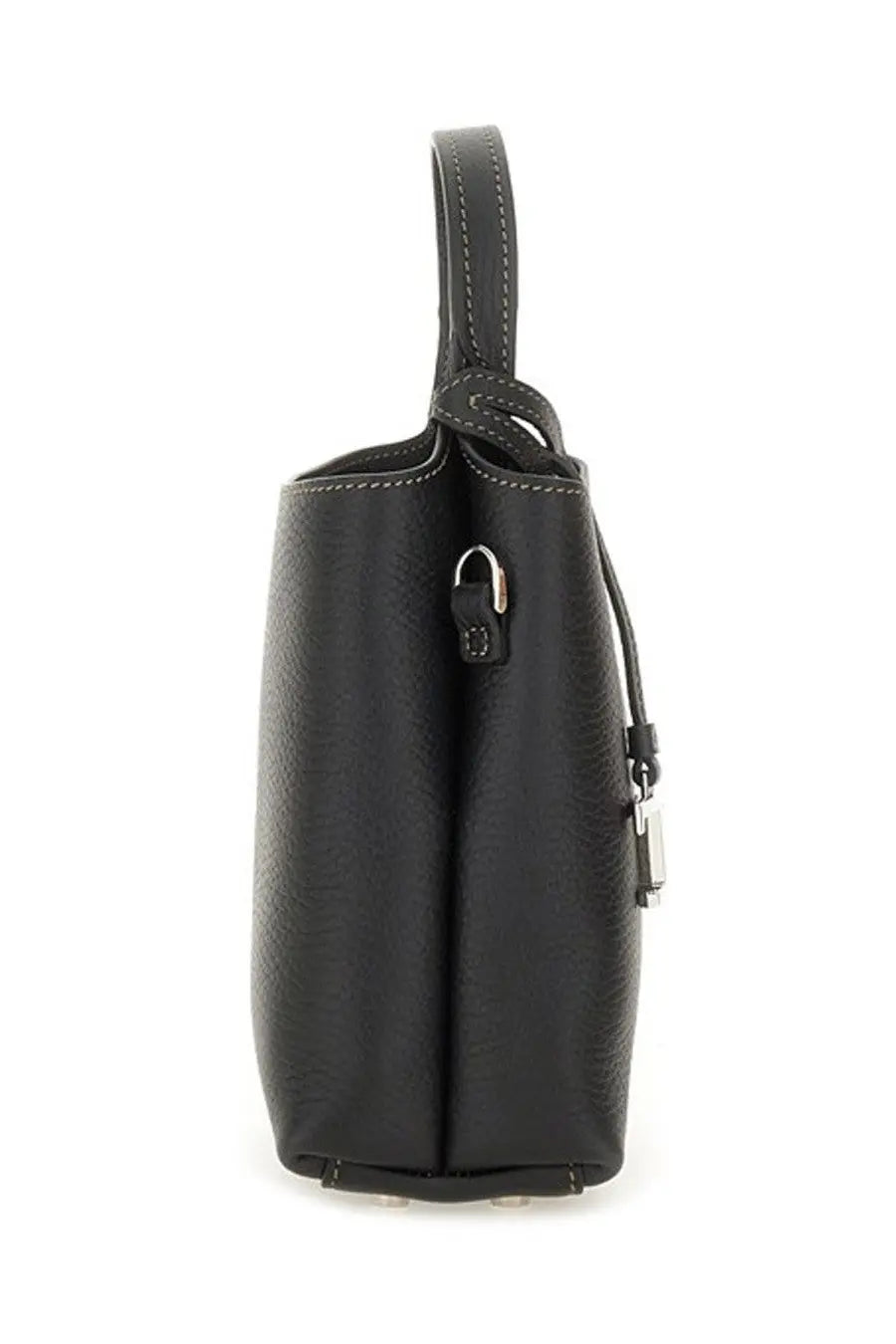 Tod’s women’s micro bag Tods black textured leather bucket bag with silver toned hardware and top handle