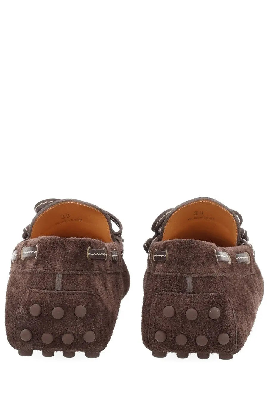 Tod’s women’s mocassino brown suede loafers with classic moccasin design white stitching and rubber sole circular tread