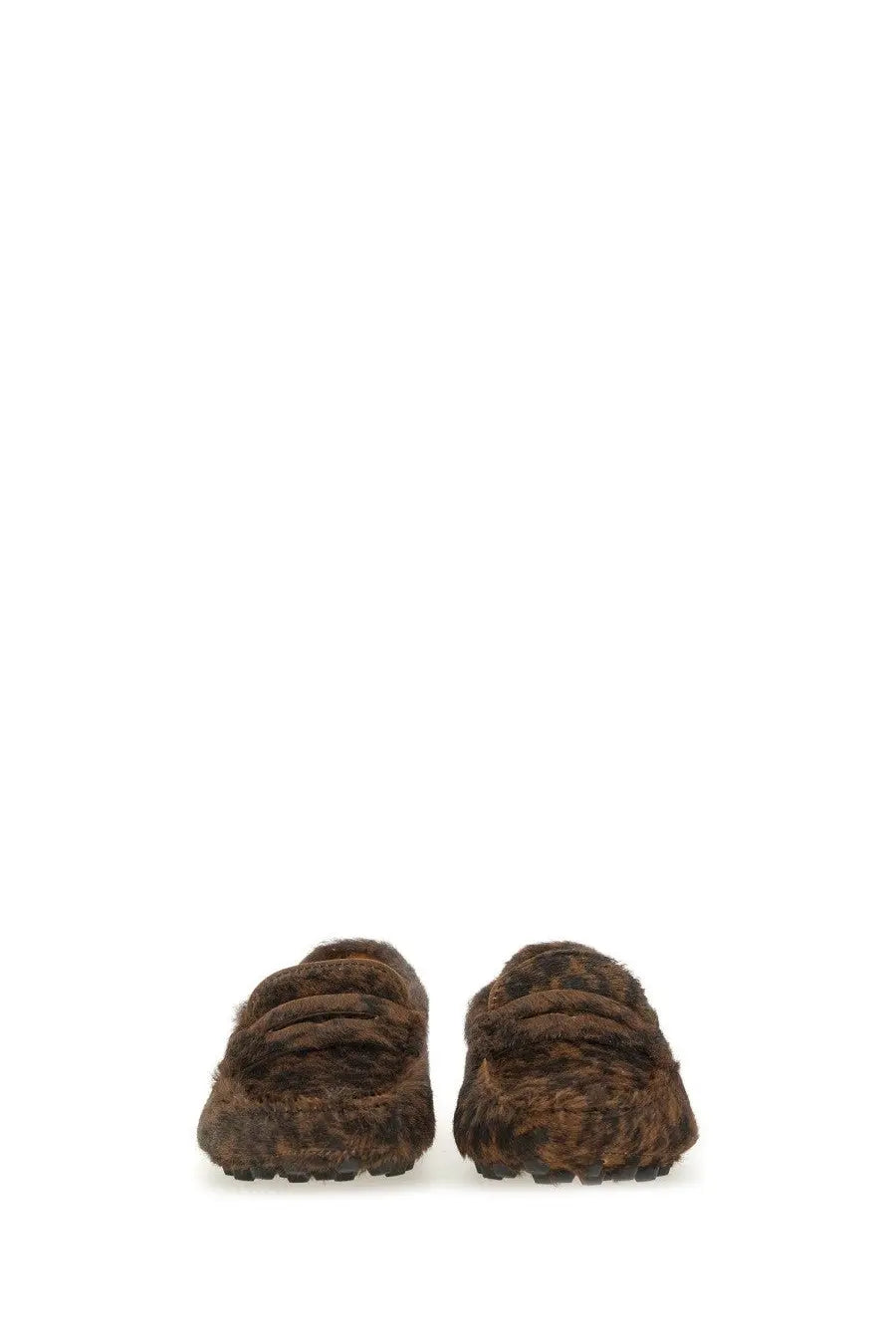Tod’s women’s moccasin gommino macro black brown faux fur slip-on mules with plush textured surface and slide design